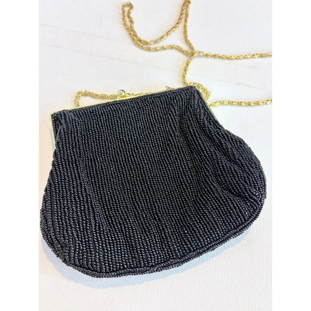 Vintage 80s La Regale Black Beaded Chevron Evening Bag Gold Chain Clutch Purse